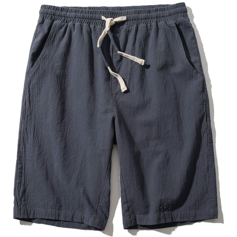 SIR7 Men's Linen Casual Classic Fit 11 Inch Inseam Elastic Waist Shorts with Drawstring Grey Large - Image 1